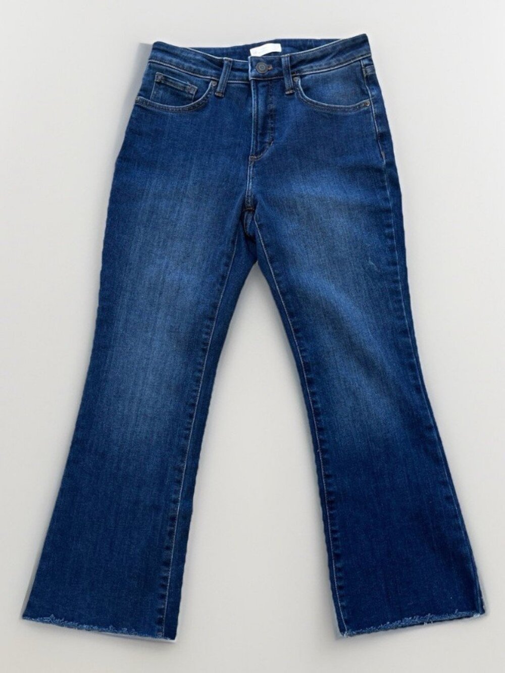 Women's Lauren Conrad Mid Rise Cropped Kick Flare Dark Blue Jeans Sz 2 Raw Hem